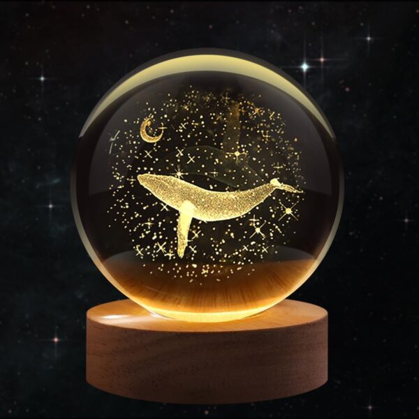 3D Crystal Glass Night Light, Illuminated Whale Design with Wooden Base, LED Decorative Globe Lamp