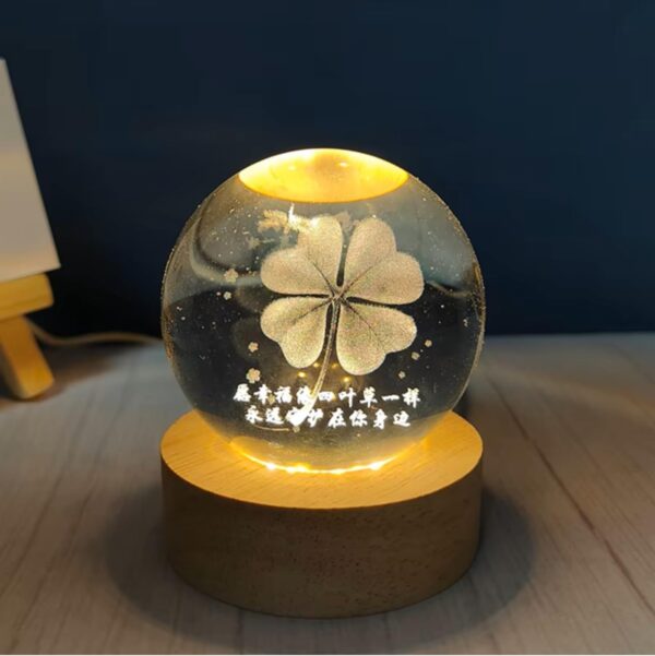 Crystal Glass Four-Leaf Clover Night Light, LED Illuminated Globe with Wooden Base, Decorative Sphere Lamp