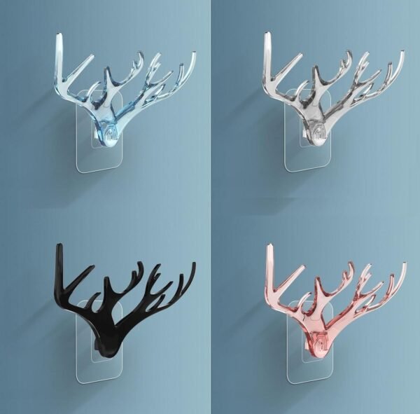 Deer Head Horn Shaped Key Holder Sticker Wall Hook KH104 Glow in Dark Self Adhesive Plastic Mount Hanger for Keys hat Coat Scarf in Door Bedroom Bathroom Kitchen (Mixed Colors, Pack of 4)