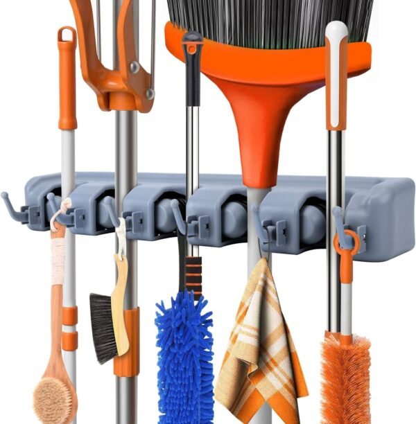 Broom Holder Wall Mounted, Mop and Broomstick Stand, Storage Organizer with 5 Slots and 6 Hanger Hooks - Gray, Polypropylene
